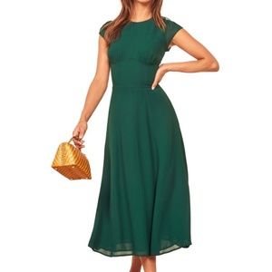 REFORMATION HAYDEN MIDI DRESS EMERALD GREEN